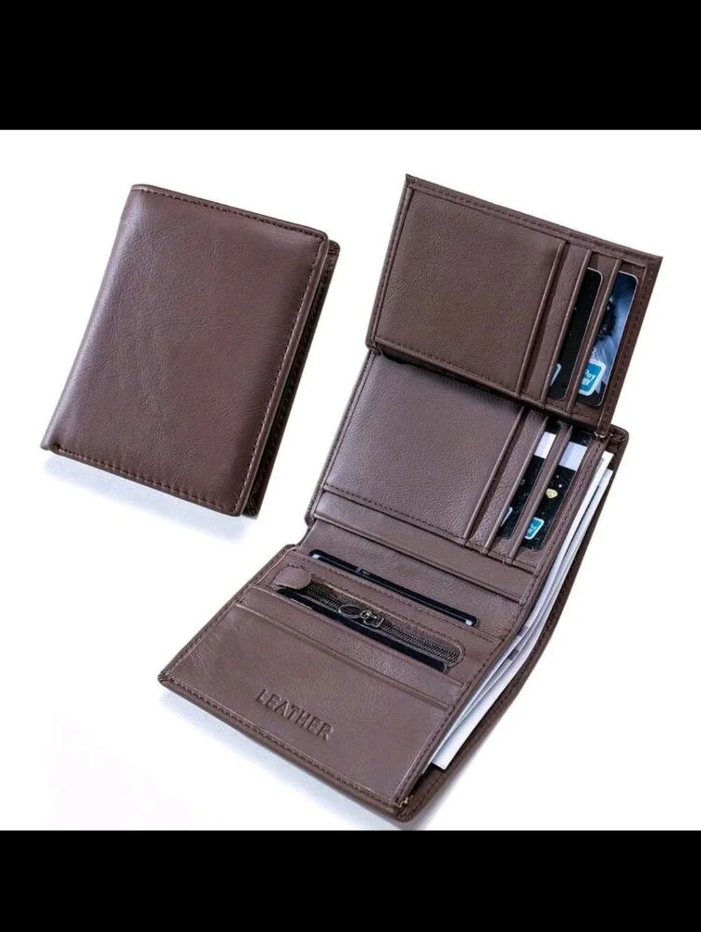 Men's Solid Color Genuine Leather Trifold RFID Blocking Zipper Coin Purse,